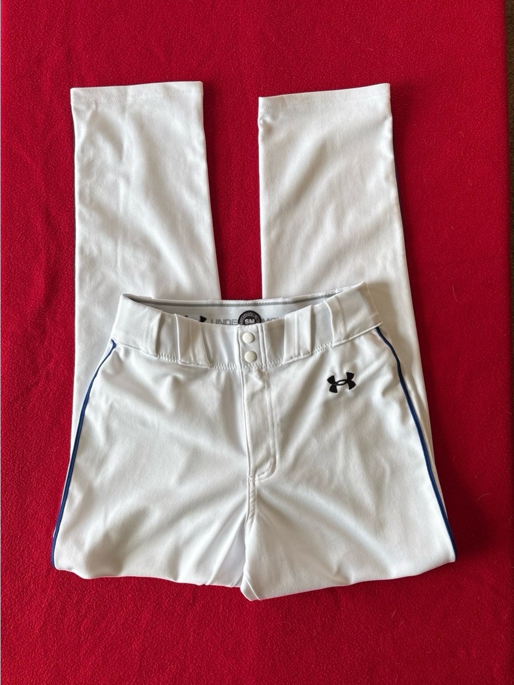 Under Armour White Baseball Pants with Navy Side Piping